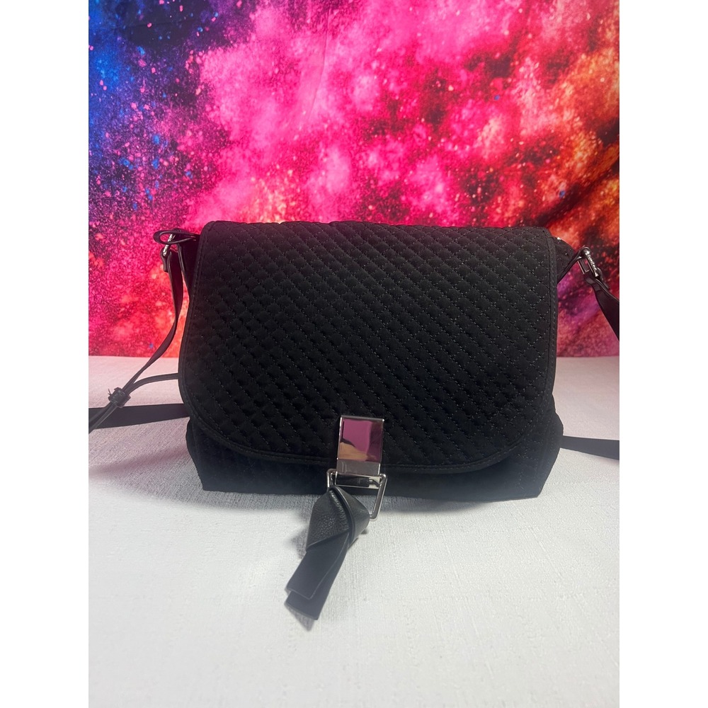 Vera Bradley Black Quilted Crossbody Bag Leather Trim Earbud Pass Through